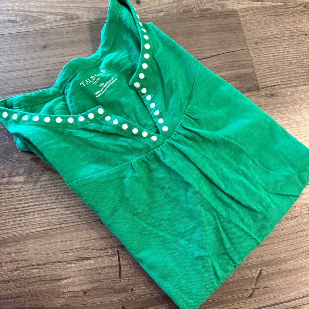 Talbots Petite Green Cotton Slub Embroidered Polka Dot Split Neck Top MP